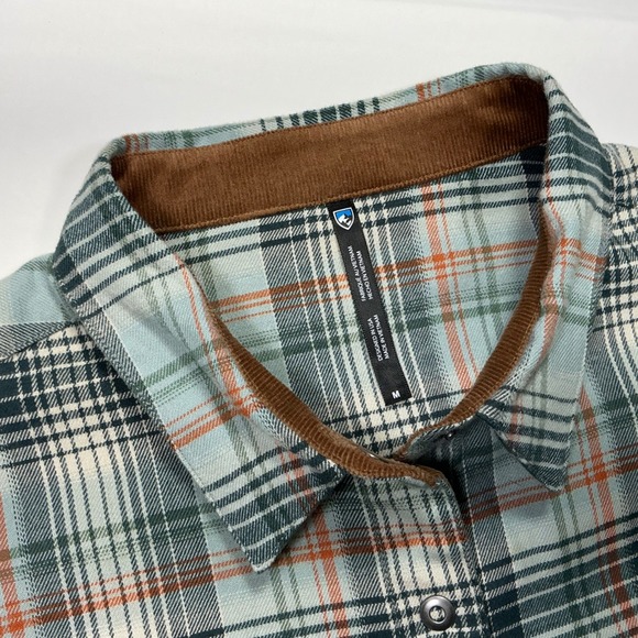 Plaid Flannel Shirt Corduroy Trim Button Up Collared Long Sleeve Green - Picture 2 of 11
